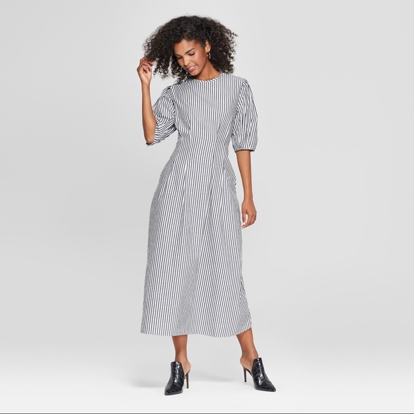 Who What Wear Dresses & Skirts - Who What Wear Black Stripe Puff Sleeve Midi Dress